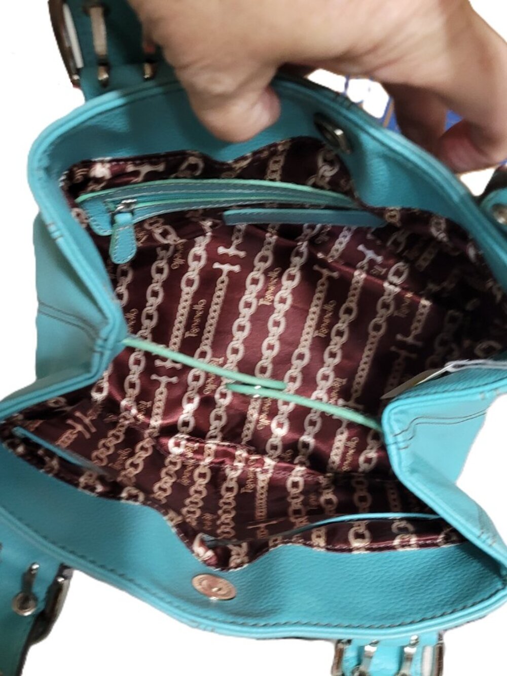 P2909-Tignanello Teal Pebbled Leather Satchel Bag - Picture 4 of 5
